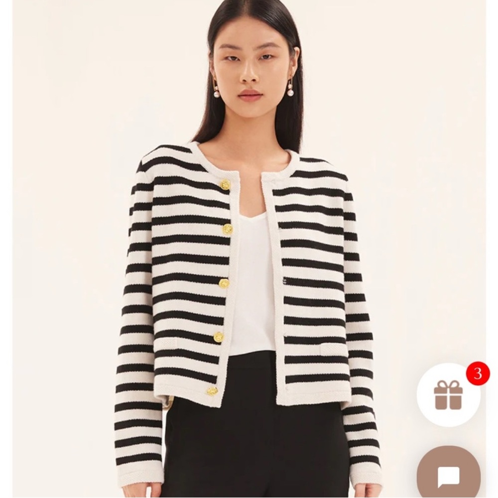 Goelia Button Up Striped Woolen Cardigan black white striped Wool Sweater Sz XL